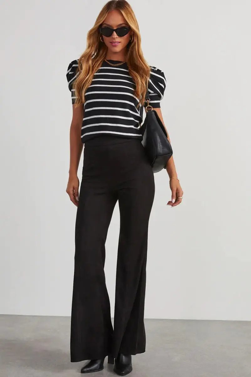 White Stripe Ribbed Trim Round Neck Bubble Sleeve Knitted Top - Love Salve